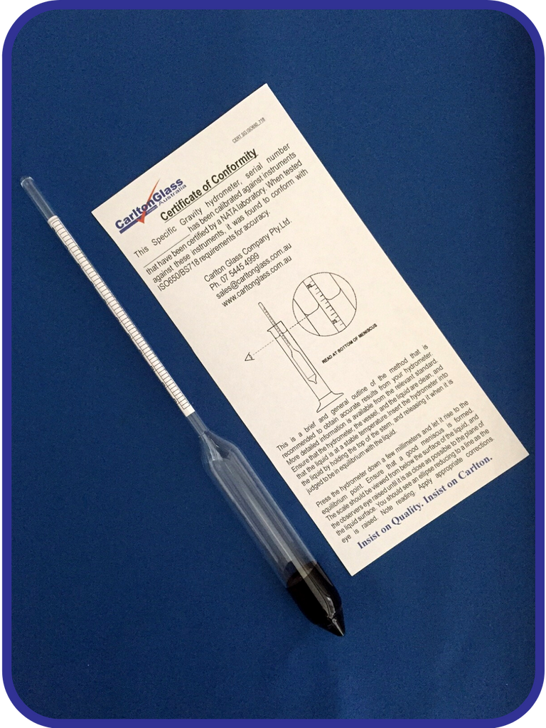 Carlton Glass Australia Laboratory Glassware Hydrometer Specific Gravity M100 HSG.png