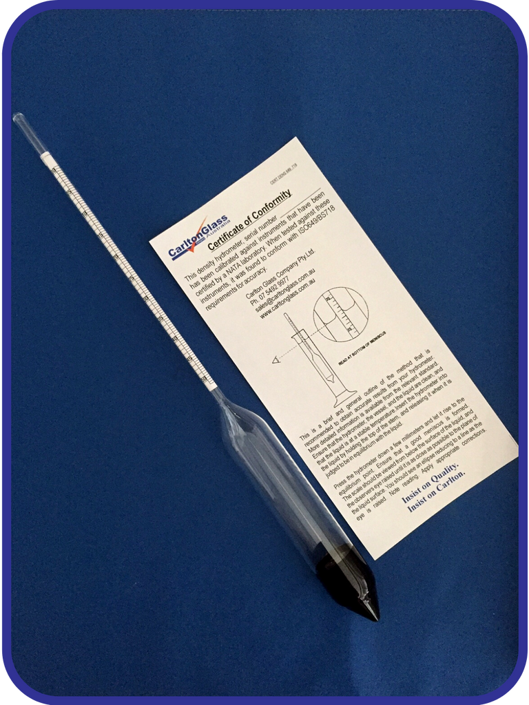 Carlton Glass Australia Laboratory Glassware Hydrometer Density L50 M100 Food Pharmaceutical Petroleum